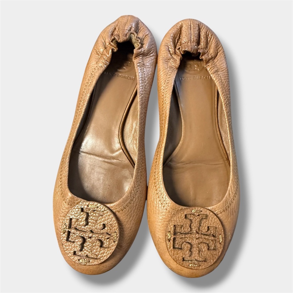 Tory Burch Minnie Ballet Flats Women 9.5M Tan Good Leather Logo Travel Flat